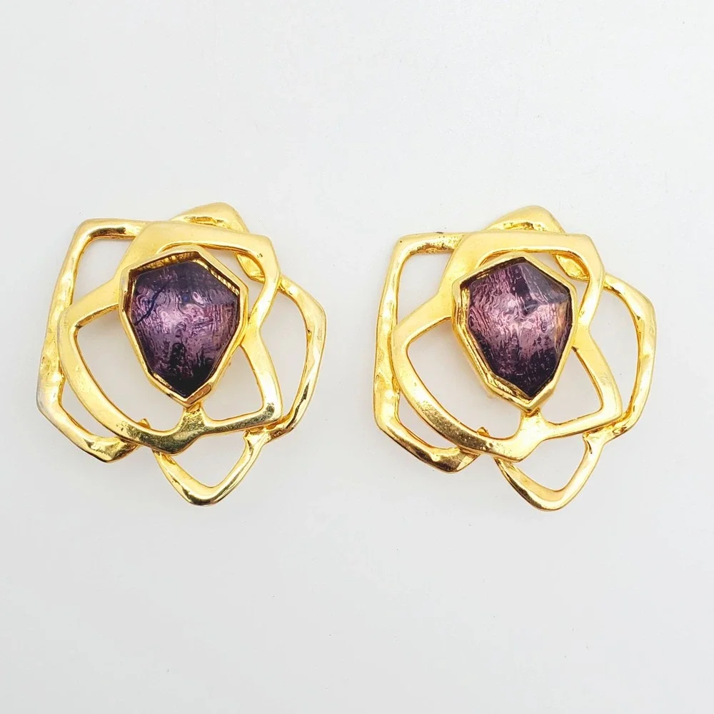 Huge‎ Clip On Earrings Gold Tone Amethyst Purple Acrylic Stone Runway Modernist
